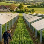 Hoch aufgeständerte Agri-Photovoltaik-Module über einem Getreidefeld; zwischen den Modulreihen wachsen junge Pflanzen, im Hintergrund ein Bauernhof.