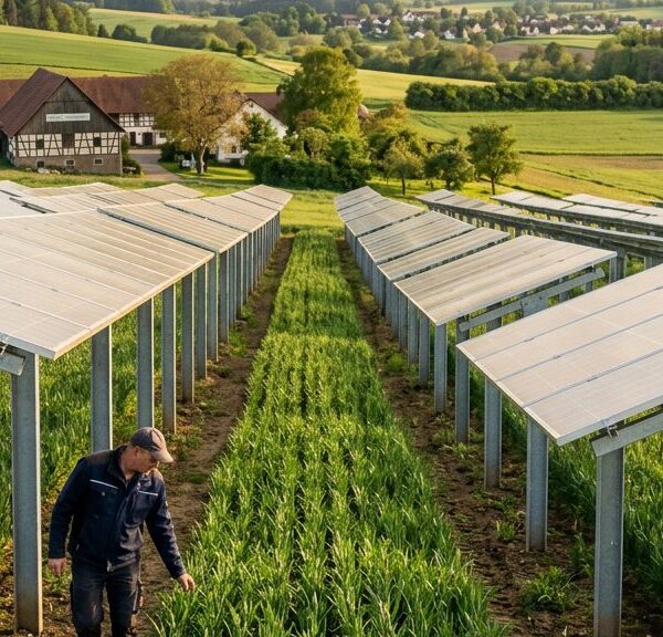 Hoch aufgeständerte Agri-Photovoltaik-Module über einem Getreidefeld; zwischen den Modulreihen wachsen junge Pflanzen, im Hintergrund ein Bauernhof.
