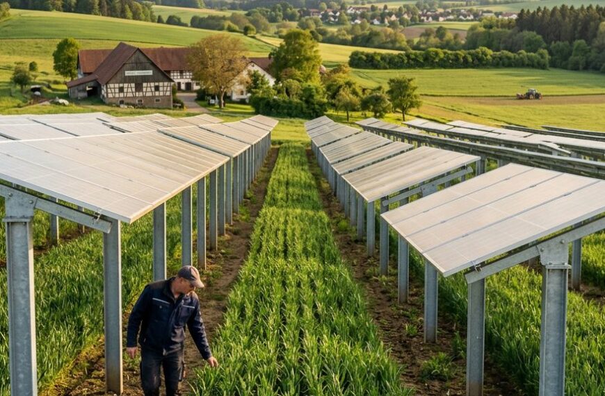 Hoch aufgeständerte Agri-Photovoltaik-Module über einem Getreidefeld; zwischen den Modulreihen wachsen junge Pflanzen, im Hintergrund ein Bauernhof.