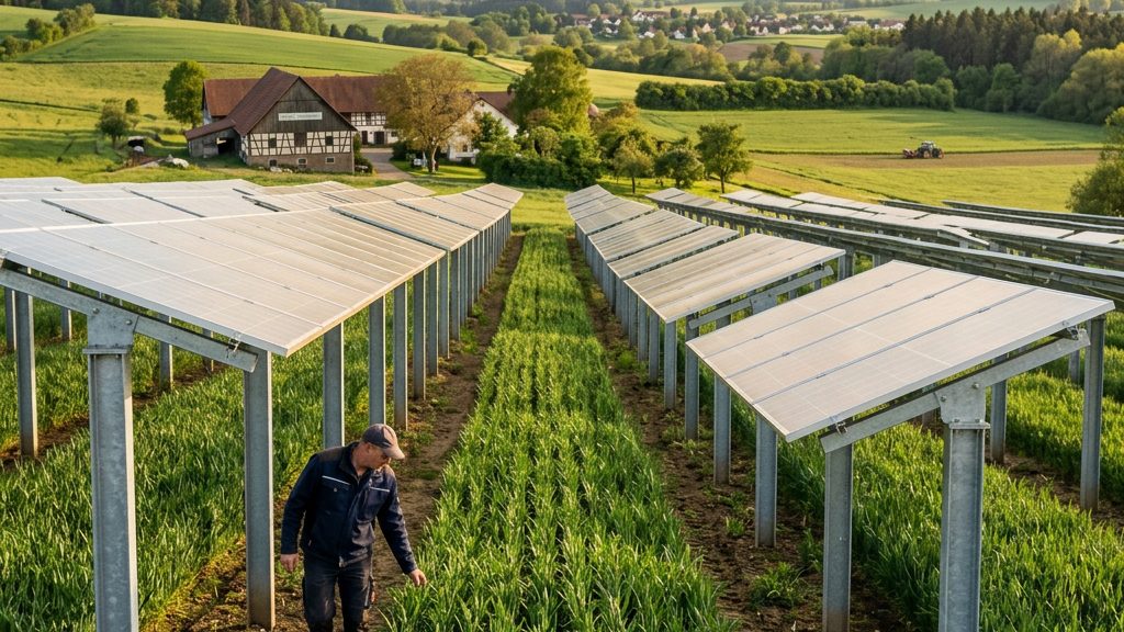 Hoch aufgeständerte Agri-Photovoltaik-Module über einem Getreidefeld; zwischen den Modulreihen wachsen junge Pflanzen, im Hintergrund ein Bauernhof.