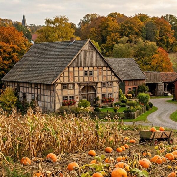 Deutscher Bauernhof im Herbst mit Kürbissen auf einem Feld, traditionelles Fachwerkhaus und Mais im Vordergrund