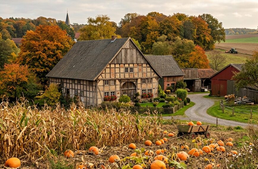 Deutscher Bauernhof im Herbst mit Kürbissen auf einem Feld, traditionelles Fachwerkhaus und Mais im Vordergrund