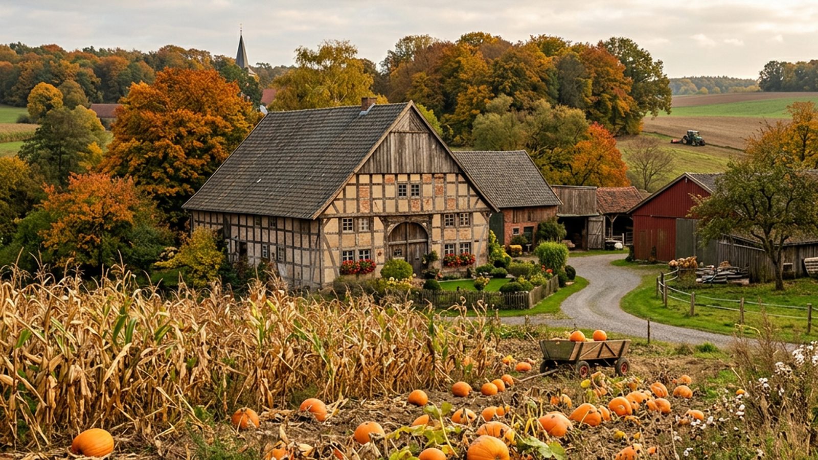 Deutscher Bauernhof im Herbst mit Kürbissen auf einem Feld, traditionelles Fachwerkhaus und Mais im Vordergrund