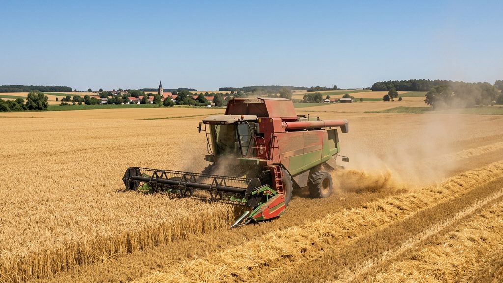 Mähdrescher bei der Getreideernte 2026 auf einem Weizenfeld unter trockenem Himmel