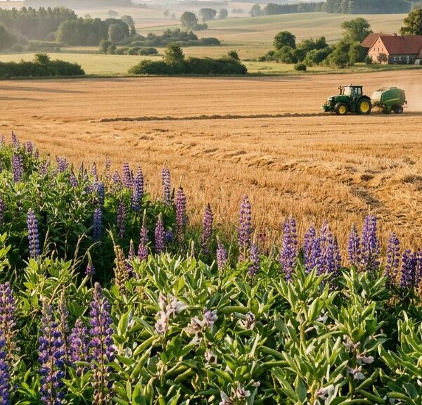 Blühende Lupinen und Ackerbohnen auf einem Acker in Deutschland, im Hintergrund abgeerntete Stoppelfelder