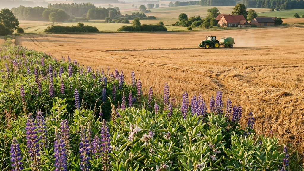 Blühende Lupinen und Ackerbohnen auf einem Acker in Deutschland, im Hintergrund abgeerntete Stoppelfelder