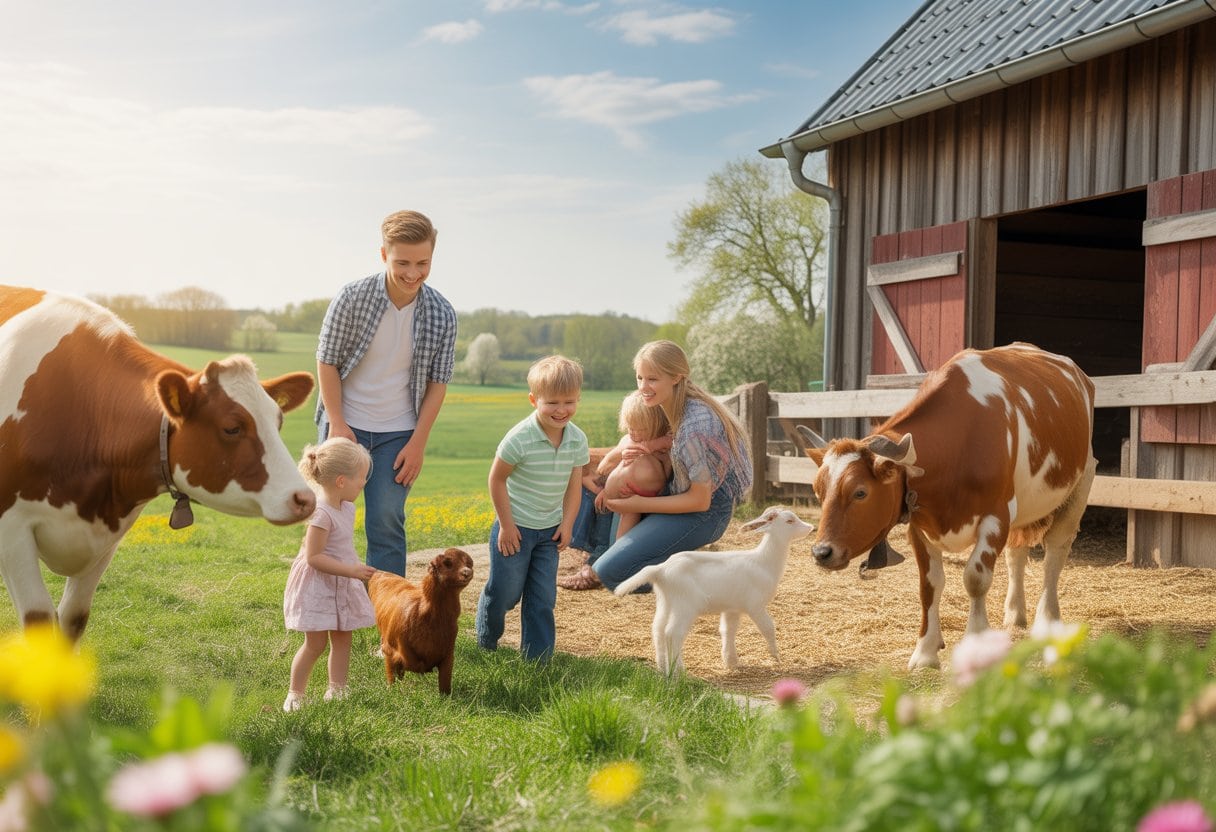 Familie auf einem Bauernhof, die draußen Tiere füttert und eine grüne Landschaft im Hintergrund.