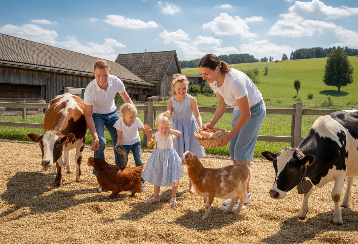 Eine Familie erlebt einen Urlaub auf dem Bauernhof, füttert Tiere und erkundet den Hof bei sonnigem Wetter.