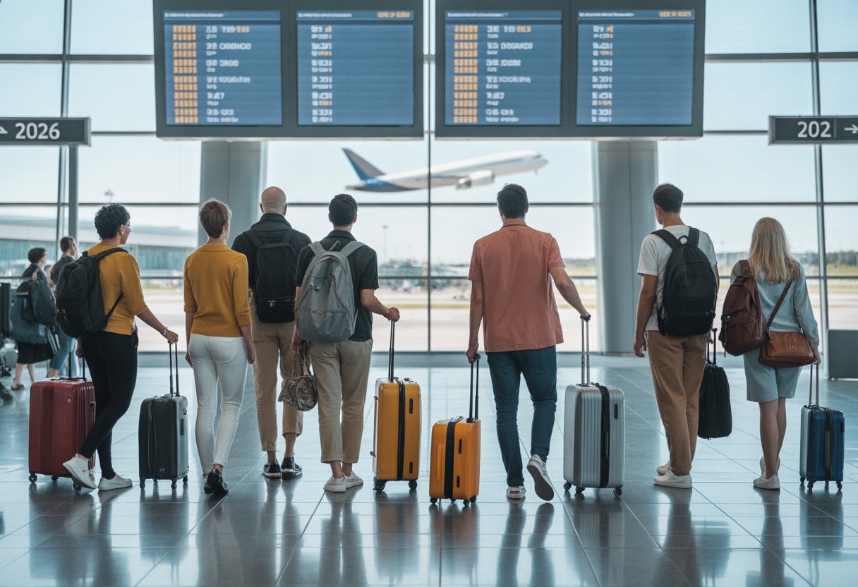 Menschen mit Gepäck an einem internationalen Flughafen, die zu Abflug-Gates gehen.