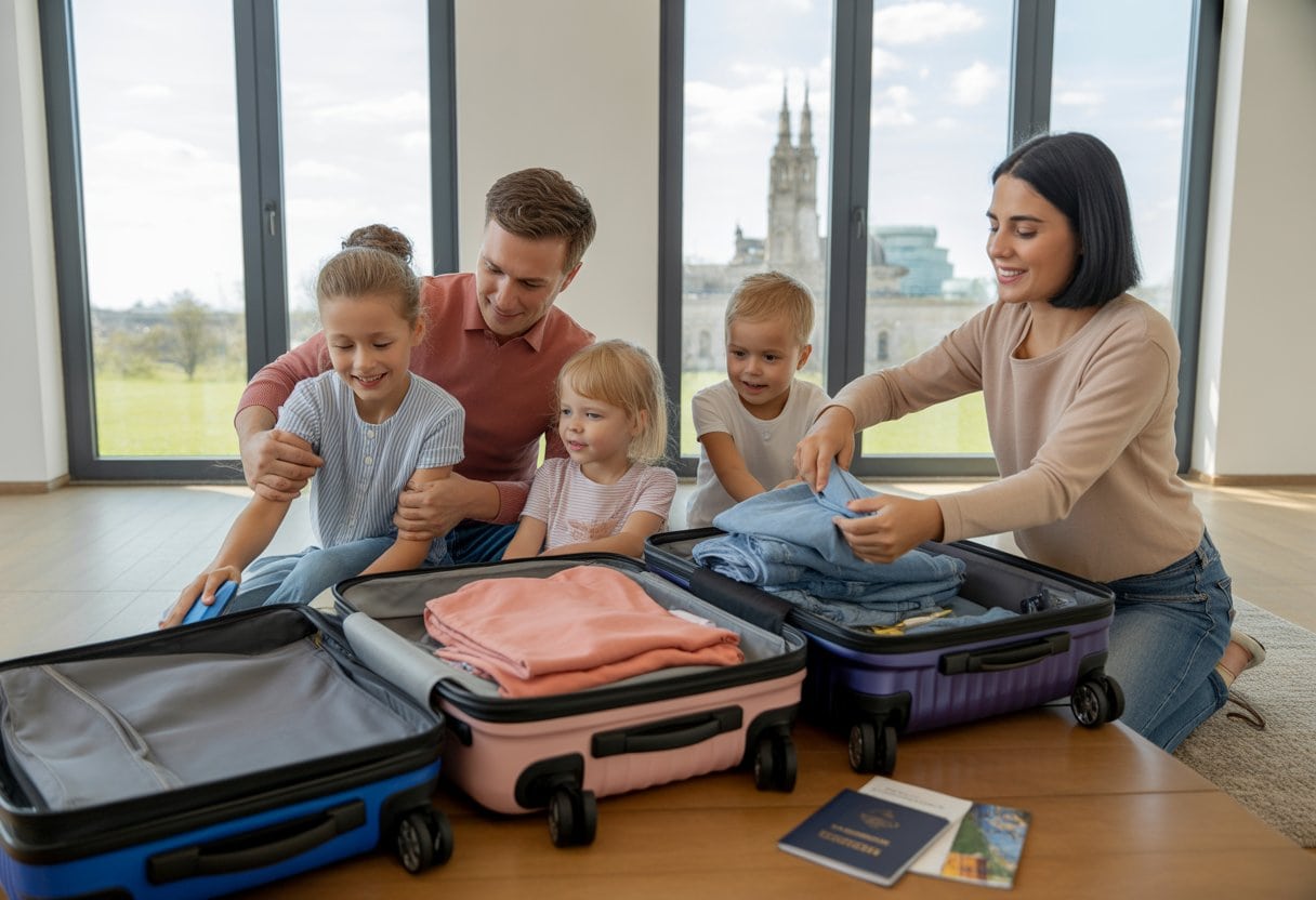 Eine deutsche Familie packt im Wohnzimmer Koffer für eine Auslandsreise.