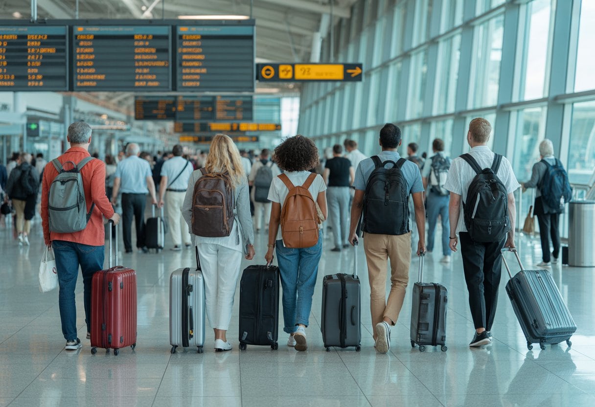 Reisende mit Koffern an einem belebten internationalen Flughafen, die auf Abfluginformationen schauen und zu den Gates gehen.