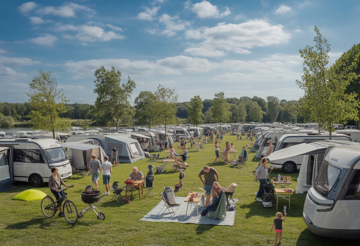 Ein belebter Campingplatz in Deutschland mit vielen Wohnmobilen, Zelten und Menschen, die draußen Aktivitäten genießen.