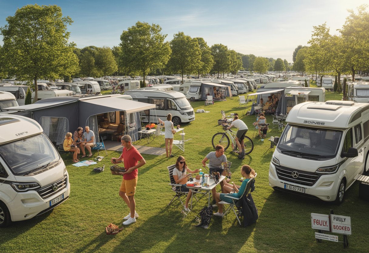 Ein voll belegter Campingplatz mit Wohnmobilen, Zelten und Menschen, die im Freien Aktivitäten genießen.