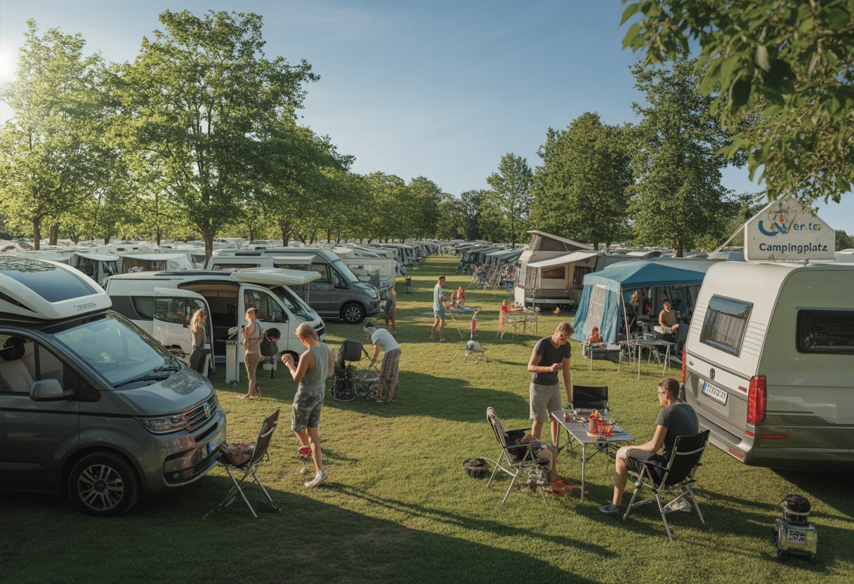 Ein belebter Campingplatz in Deutschland mit Wohnmobilen, Zelten und Menschen, die ihre Stellplätze einrichten und Freizeitaktivitäten im Freien genießen.