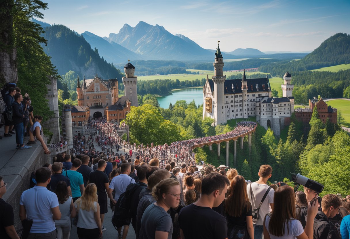 Viele Touristen an Neuschwanstein, Zugspitze und Königssee, die überfüllte beliebte Sehenswürdigkeiten in Bayern zeigen.