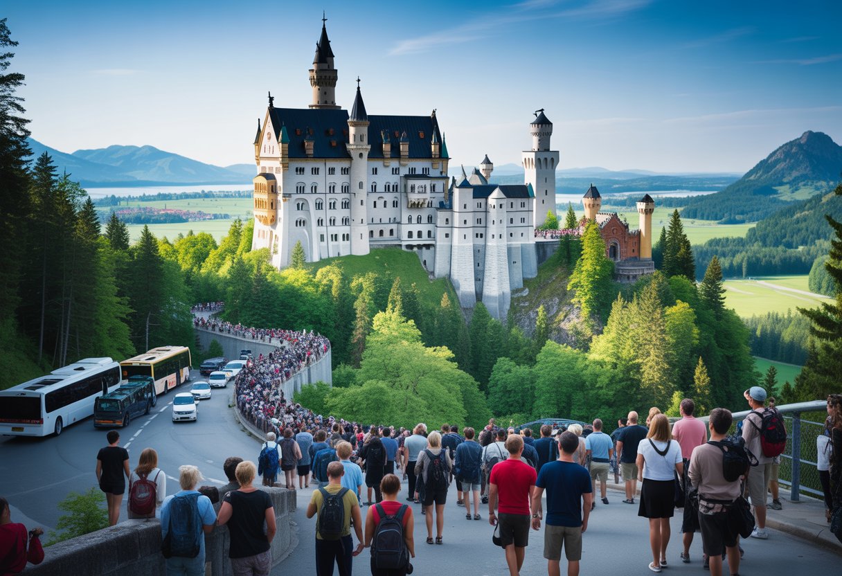 Neuschwanstein Schloss auf einem Hügel mit vielen Menschen und Touristen auf den Wegen und Aussichtsplattformen.