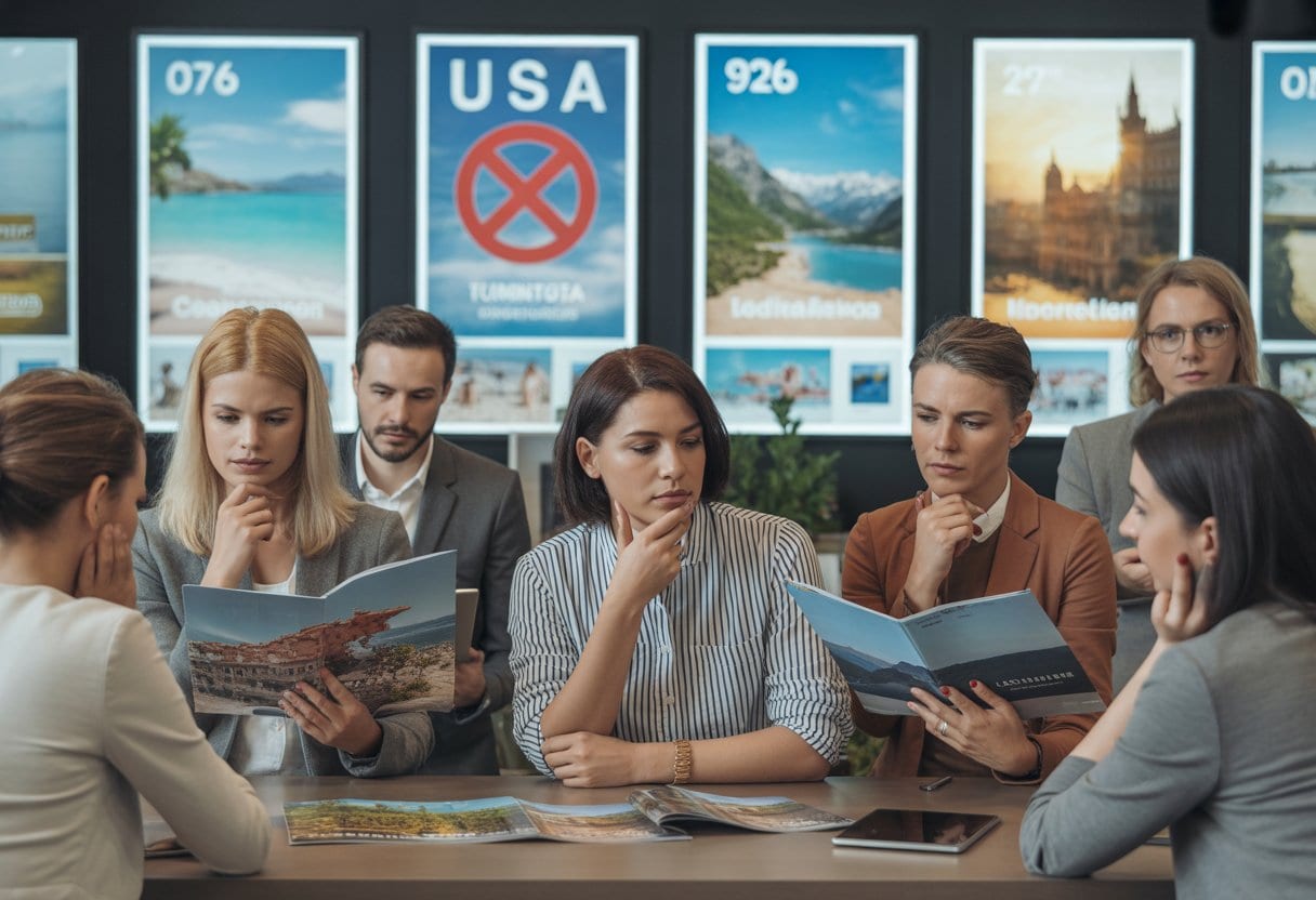 Reisende in einem Reisebüro betrachten Broschüren und Bildschirme mit verschiedenen Urlaubszielen, während ein USA-Reiseposter im Hintergrund verblasst.