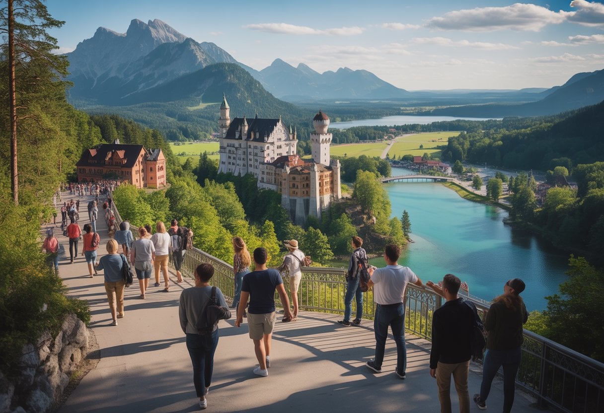 Viele Touristen besuchen Neuschwanstein, die Zugspitze und den Königssee in Bayern an einem sonnigen Tag.