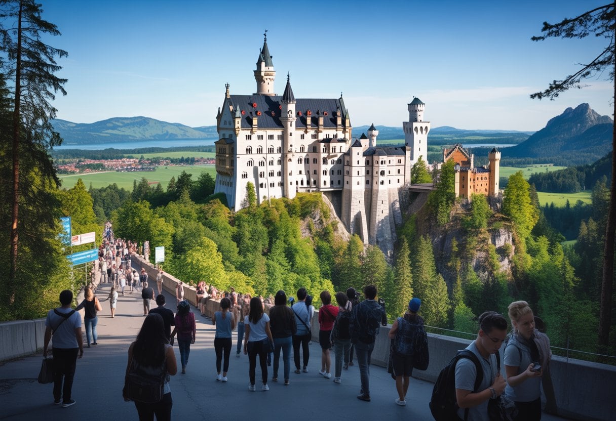 Neuschwanstein Schloss auf einem Hügel mit vielen Besuchern und Bergen im Hintergrund.
