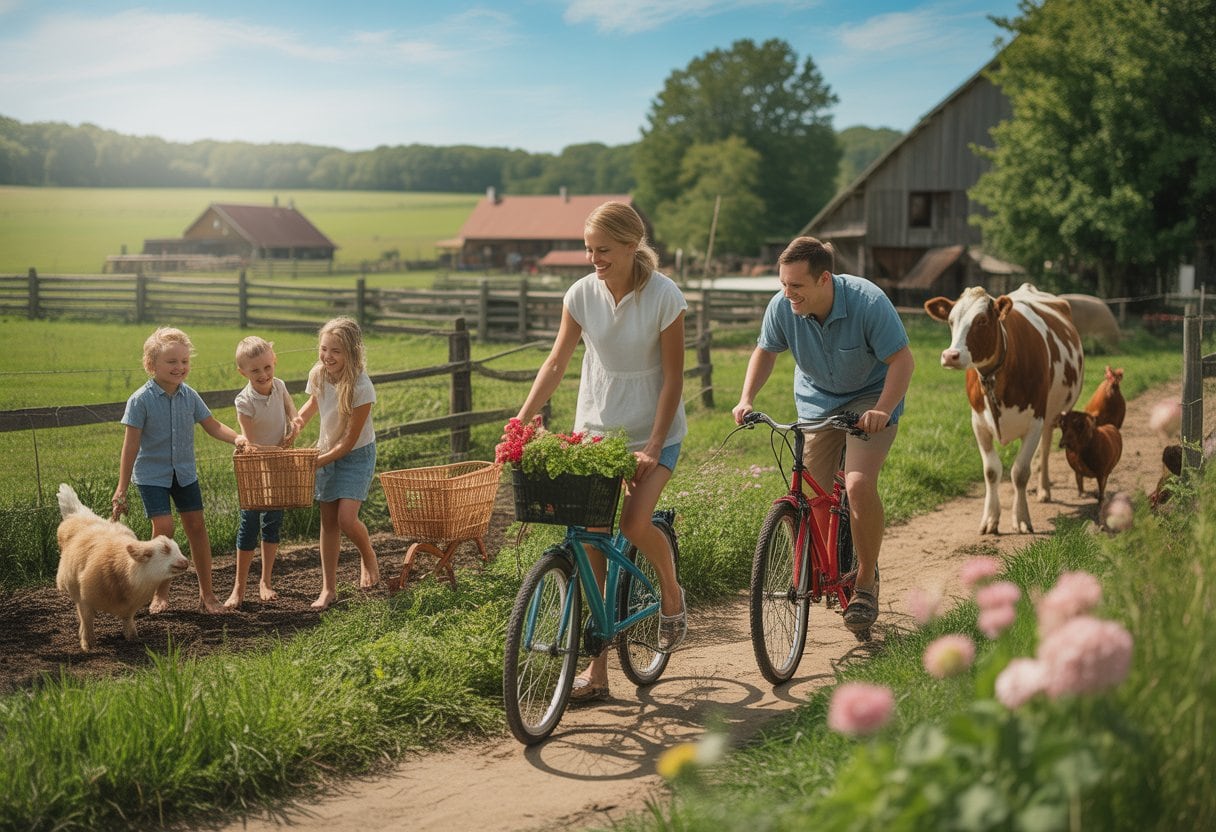 Familie genießt einen sonnigen Urlaub auf einem Bauernhof mit Tieren und grünen Feldern.