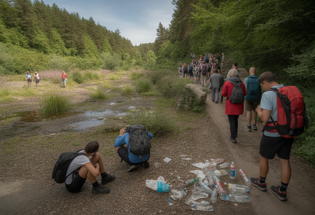 Ein überfüllter Wanderweg in einem deutschen Naturgebiet mit vielen Touristen und sichtbarem Müll auf dem Boden.
