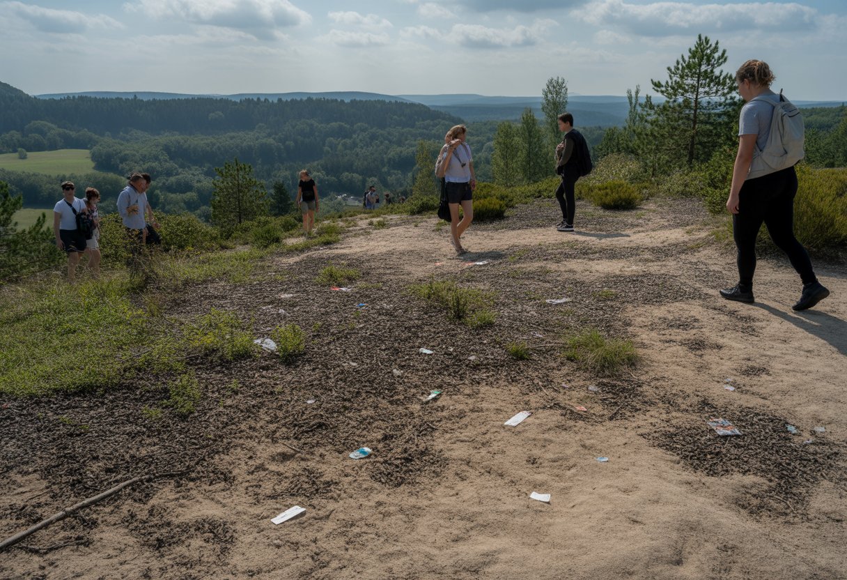 Naturlandschaft in Deutschland mit sichtbaren Umweltschäden durch Massentourismus, darunter beschädigte Vegetation und Müll auf dem Boden.