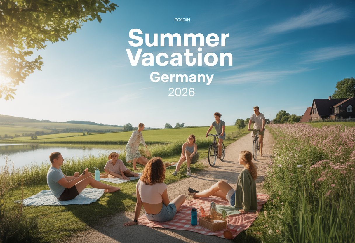 Menschen genießen einen sonnigen Sommertag am See in der deutschen Landschaft, einige picknicken, andere radeln oder spazieren.
