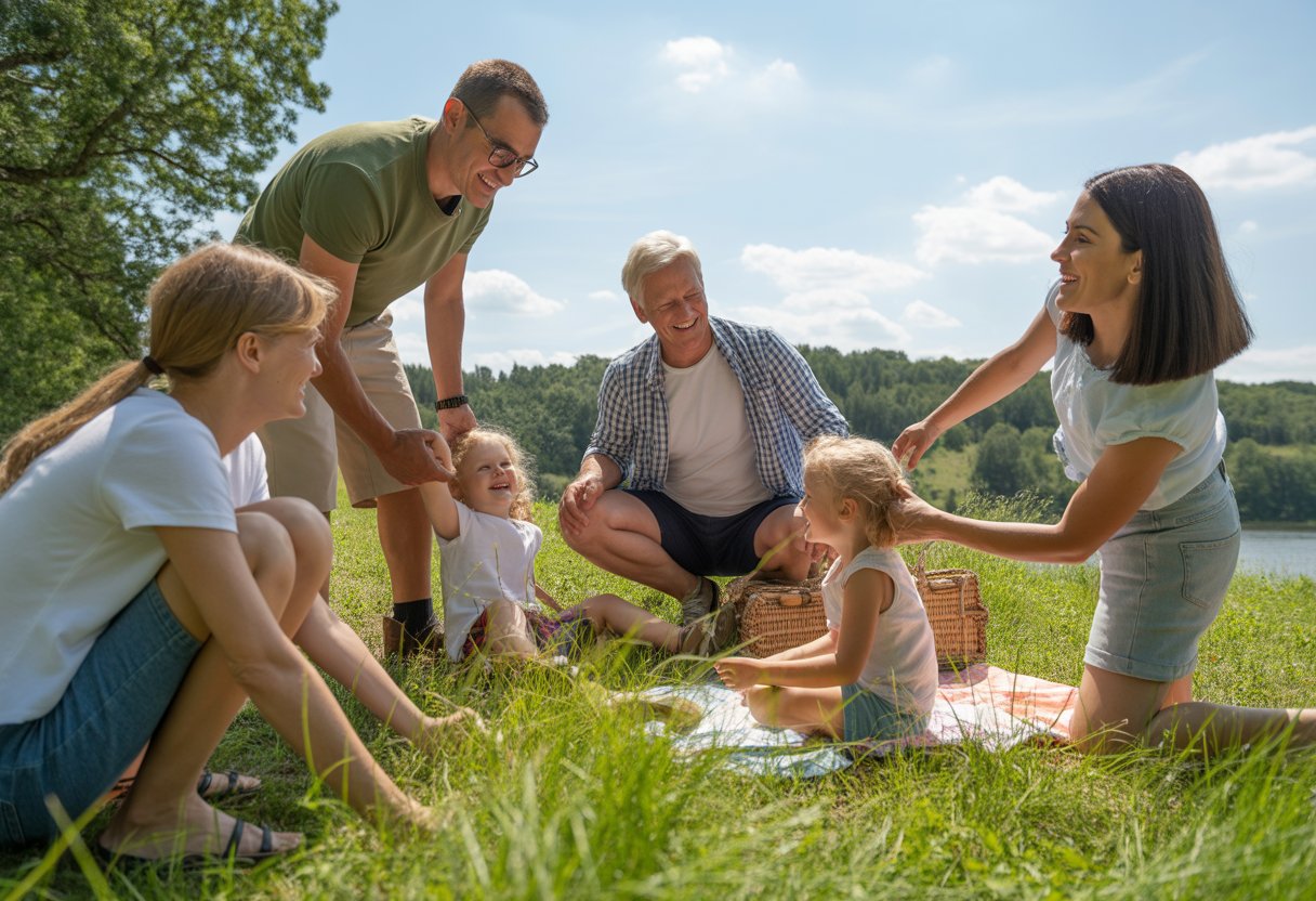 Eine deutsche Familie verbringt gemeinsam einen Sommerurlaub in der Natur, beim Wandern und Picknicken in einem grünen Park.