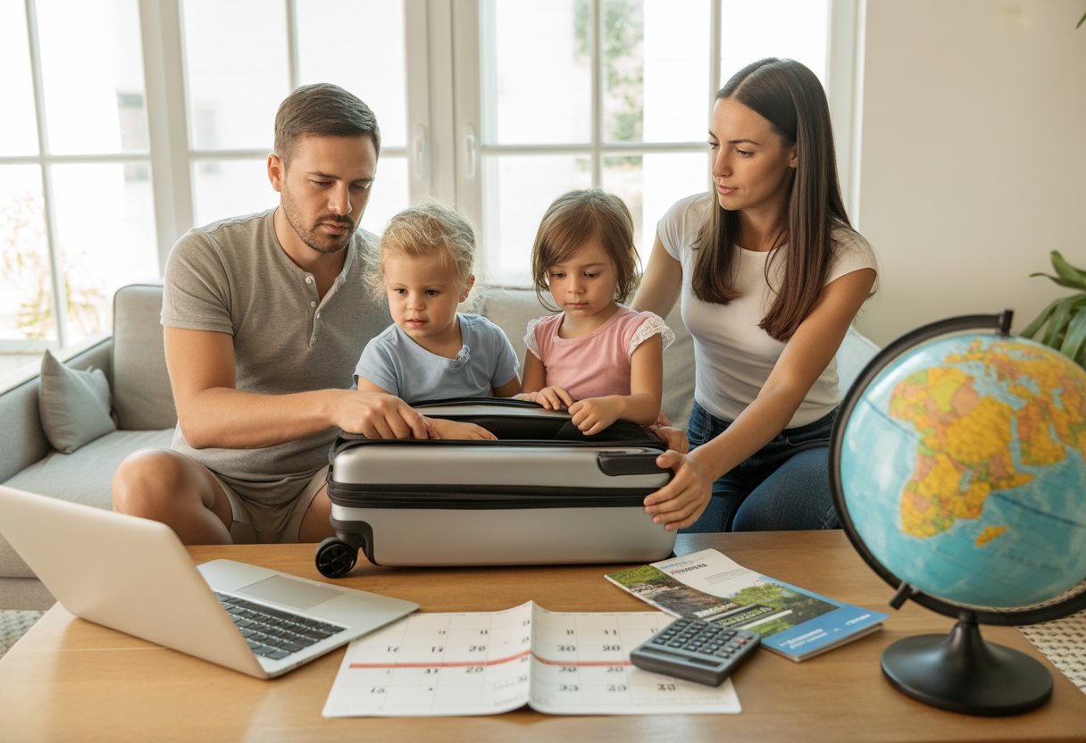 Eine deutsche Familie packt gemeinsam einen Koffer in einem hellen Wohnzimmer, umgeben von Reiseutensilien und einem Laptop zur Urlaubsplanung.