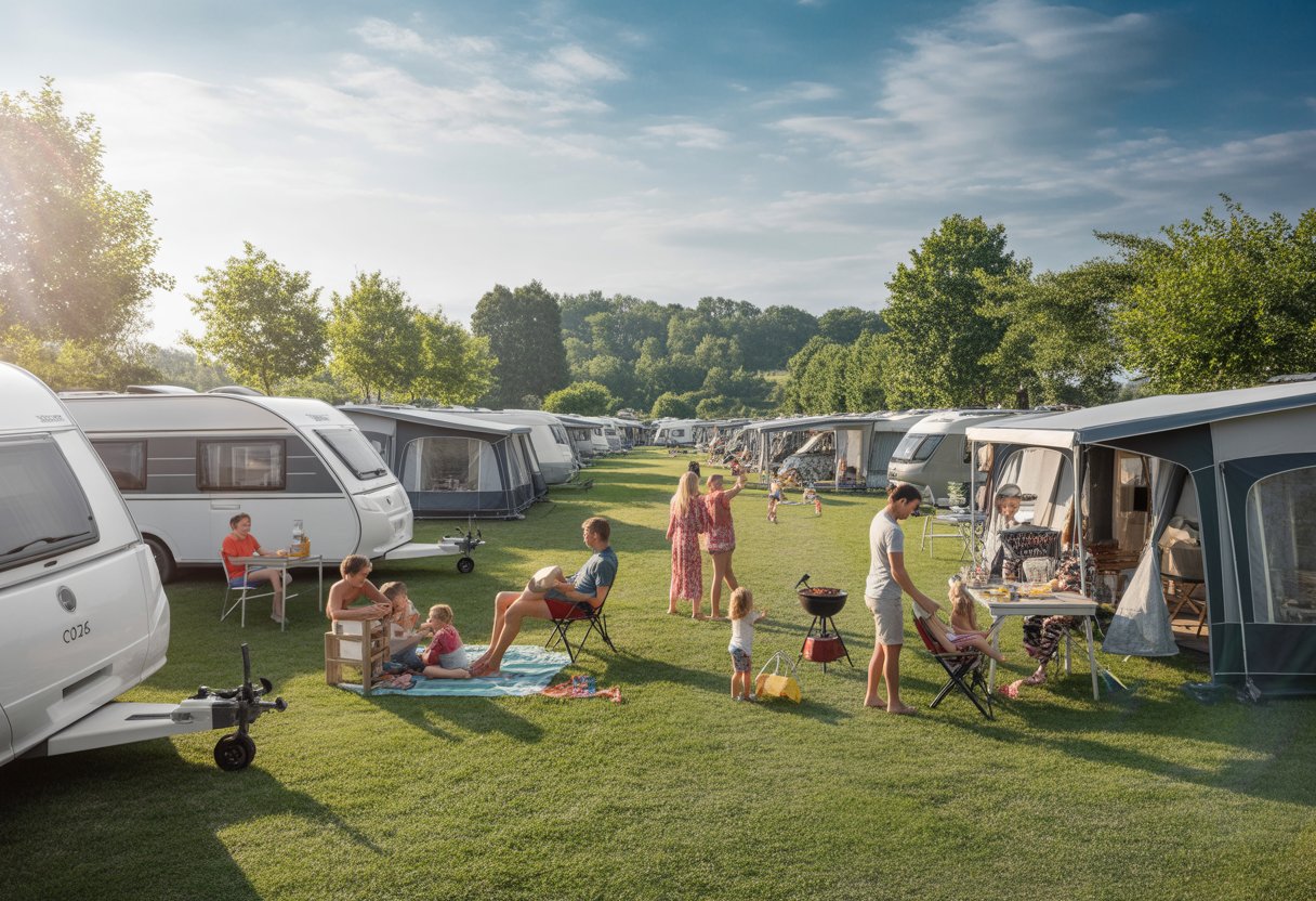 Ein belebter Campingplatz in Deutschland mit vielen Wohnwagen, Zelten und Menschen, die draußen Aktivitäten genießen.