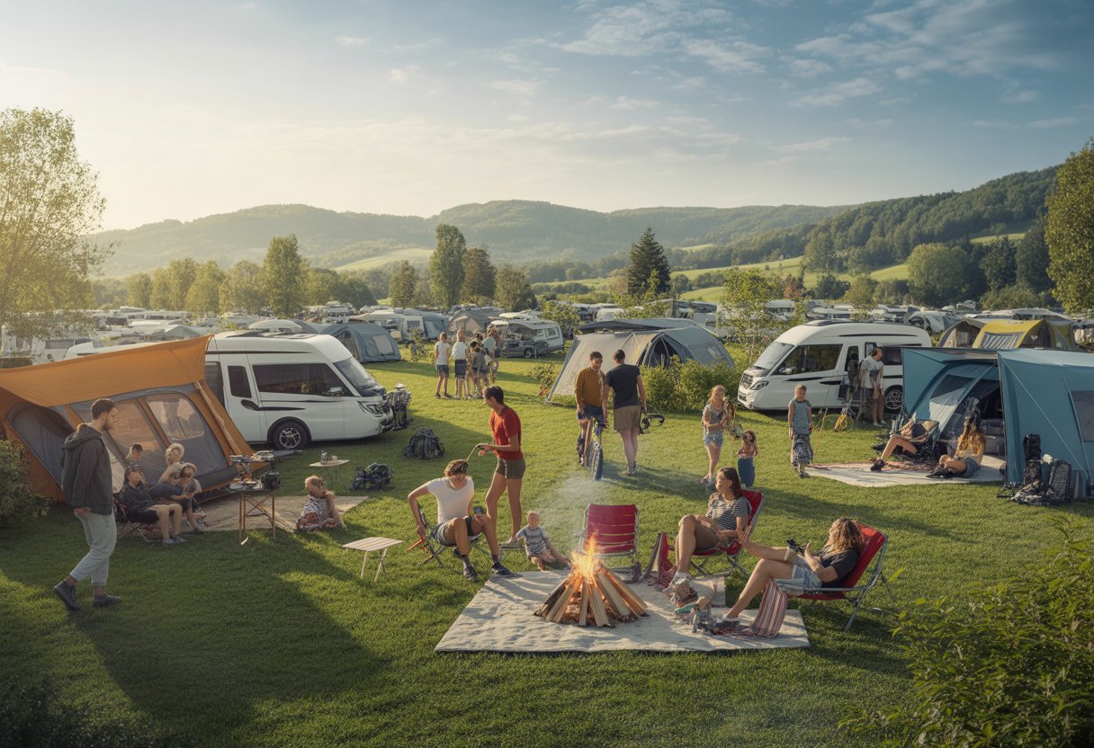 Ein belebter Campingplatz mit Zelten und Wohnmobilen, auf dem Menschen verschiedene Outdoor-Aktivitäten genießen.