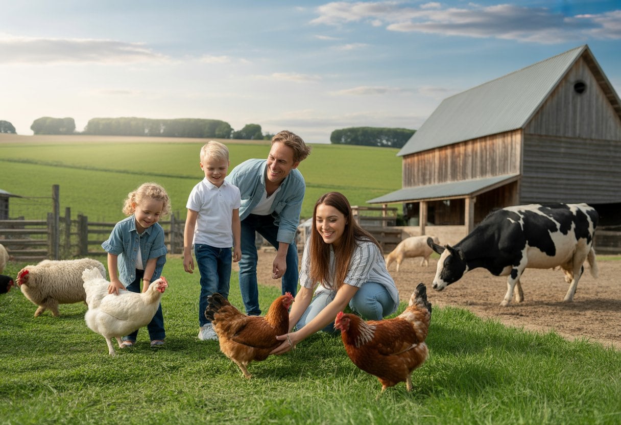 Eine Familie mit zwei Kindern verbringt einen sonnigen Tag auf einem Bauernhof mit Tieren und grünen Feldern.