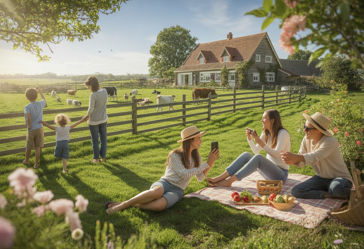 Familie genießt einen sonnigen Tag auf einem Bauernhof mit grünen Feldern und Tieren im Hintergrund.