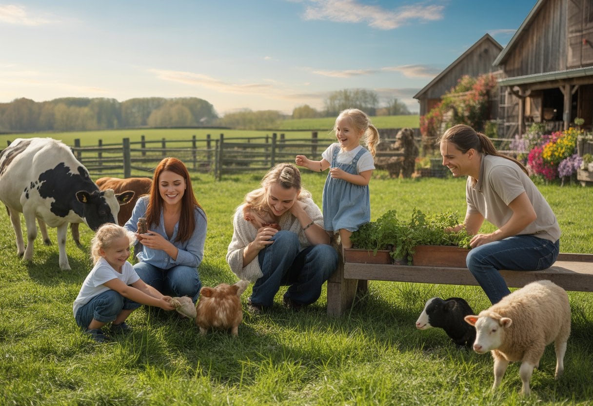 Familie genießt einen sonnigen Tag auf einem Bauernhof mit Tieren und einem traditionellen Bauernhaus im Hintergrund.