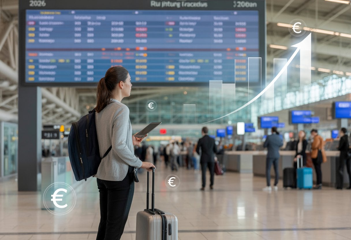 Eine Person mit Koffer steht am Flughafen und schaut auf eine digitale Anzeigetafel mit Reisezielen und Preisen.