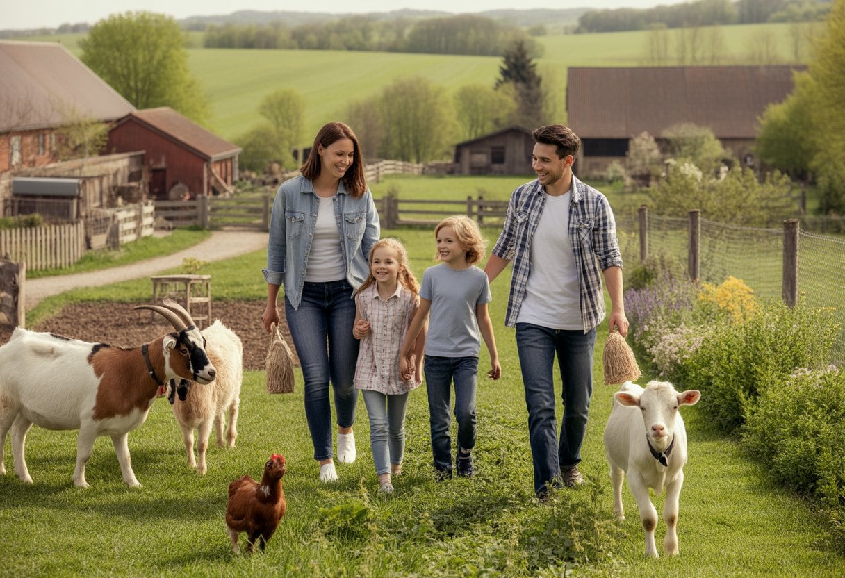 Eine Familie spaziert auf einem Bauernhof zwischen Tieren, Wiesen und einem roten Scheunengebäude.