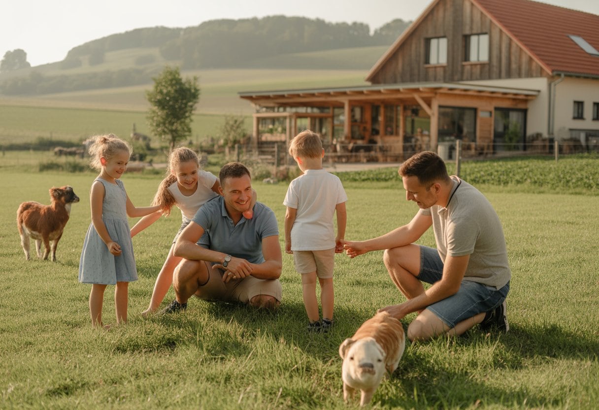 Eine Familie verbringt gemeinsam Zeit auf einem Bauernhof und beobachtet Tiere auf einer grünen Wiese.