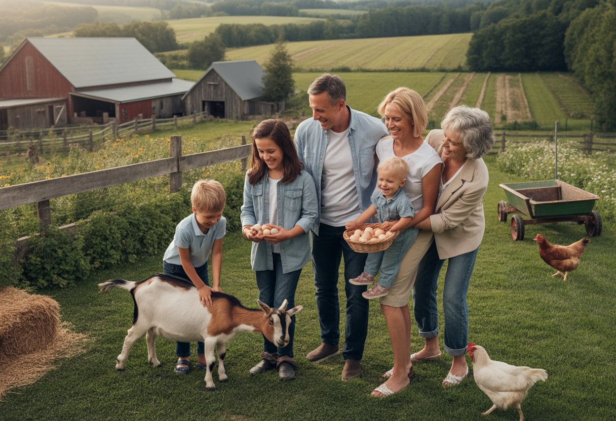 Eine Familie verbringt gemeinsam Zeit auf einem Bauernhof und füttert Ziegen und Hühner.