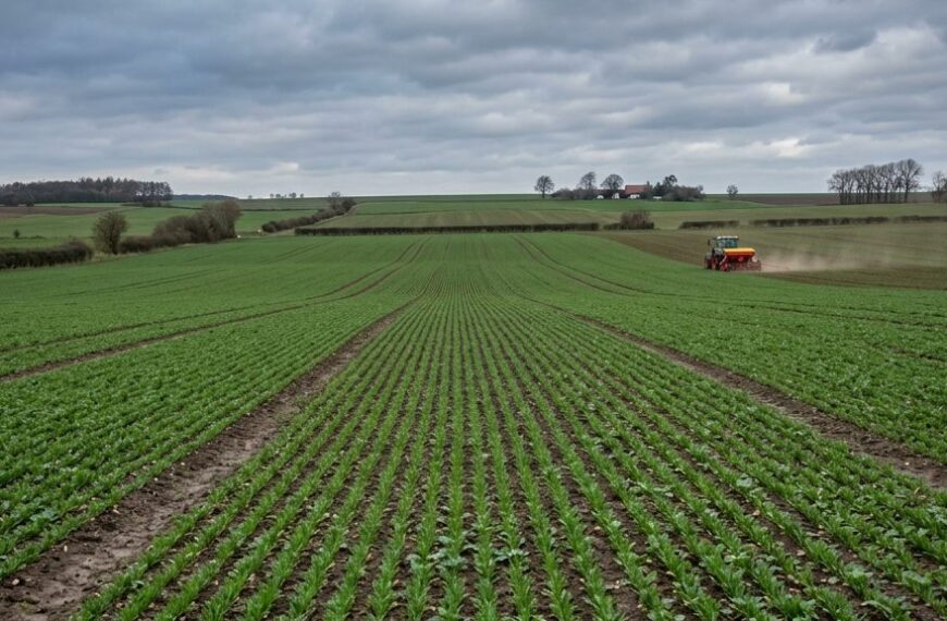 Winterrapsfeld im Herbst mit jungen Rapsplanzen und Traktor bei der Aussaat