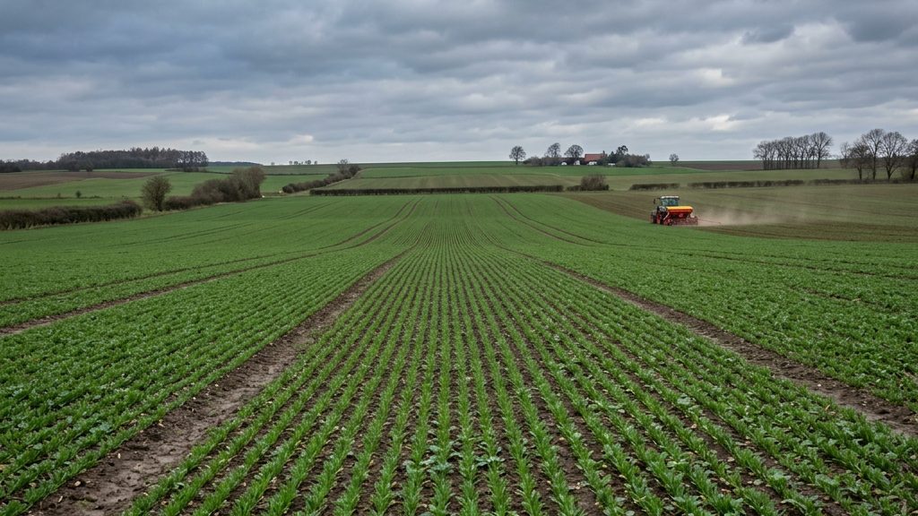 Winterrapsfeld im Herbst mit jungen Rapsplanzen und Traktor bei der Aussaat